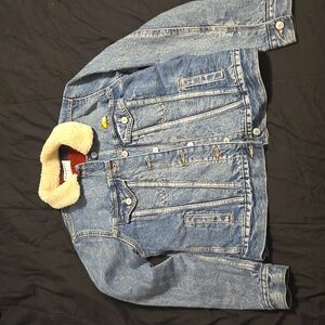 Old Navy denim jacket with sherpa collar, taco patch and flannel lined